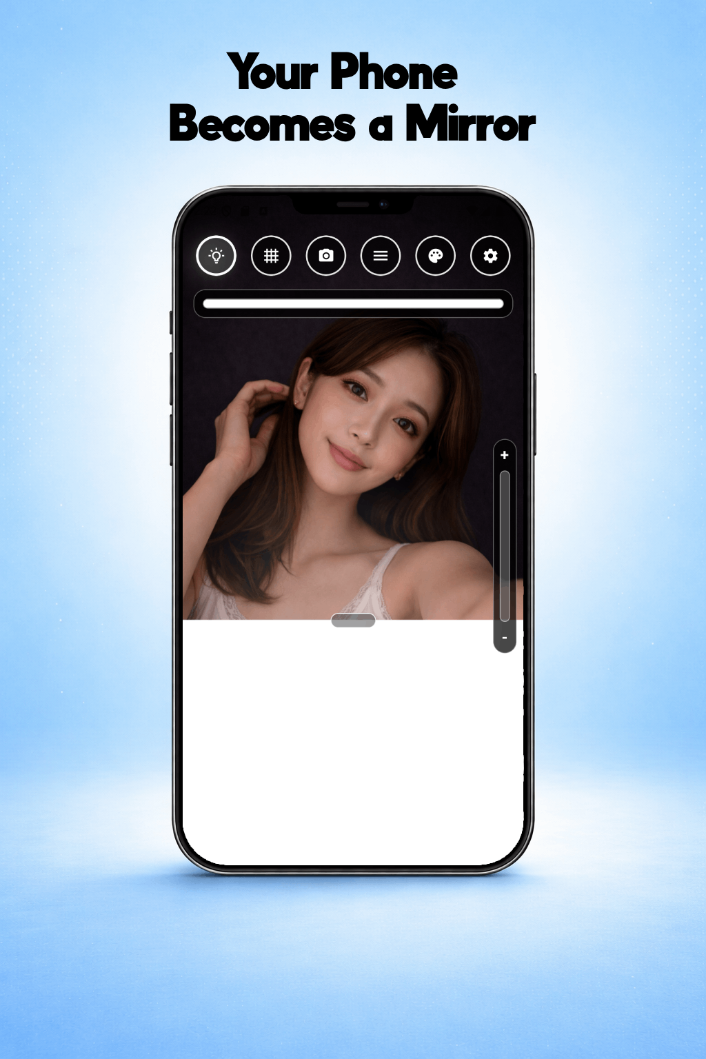 Mirror App screenshot showing phone mirror mode with custom lighting controls