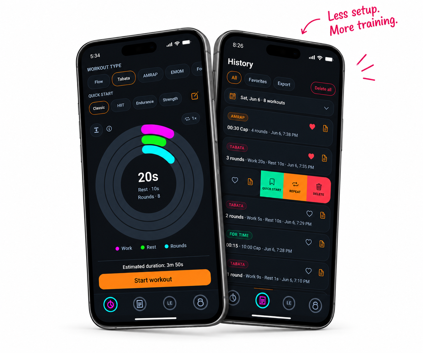 WODRisolv on two iPhones showing workout setup and history — Less setup. More training.